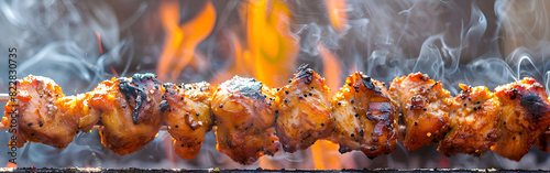 A charcoal barbecue ready for frying unleashes smoke and fiery orange embers on fire background
 photo