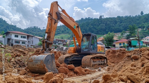 Excavation at Construction Site: Backhoe and Crawler Excavator Digging Soil and Moving Earth with Trenching Machine