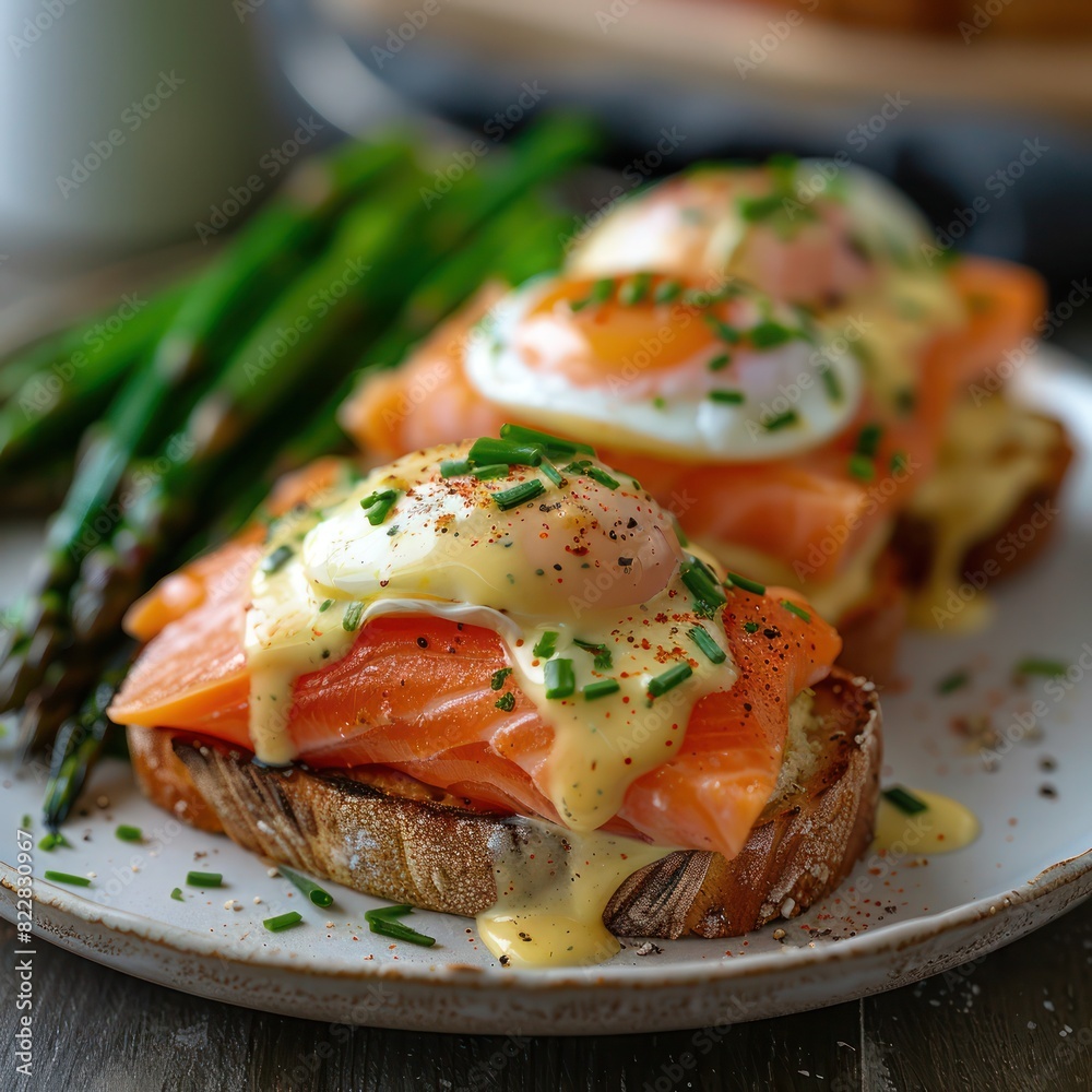 smoke salmon and egg benedict garnished with chopped dill, rye bread oozing with hollandaise sauce
