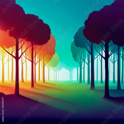 Forest sunrise nature abstract background with tree silhouettes and gradient colors