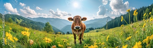 Panoramic Alpine Grazing: Amusing Cow on Fresh Green Meadow in Allgau, Austria's Picturesque Mountainscape photo