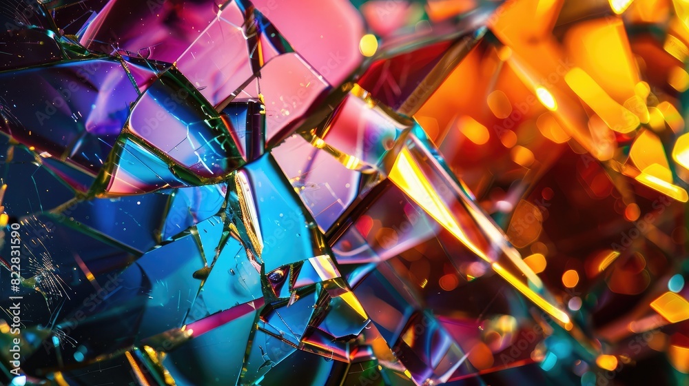 Abstract composition of broken glass shards with light shining through, creating prismatic colors Abstract composition of broken glass shards with light shining through, creating prismatic colors