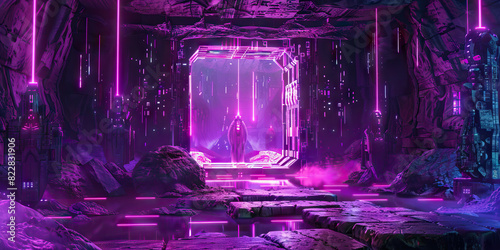 Violet Techno Shaman's Den: Showing a mystical space where technologically enhanced shamans conduct rituals to connect with the digital spirits of the cyber world.