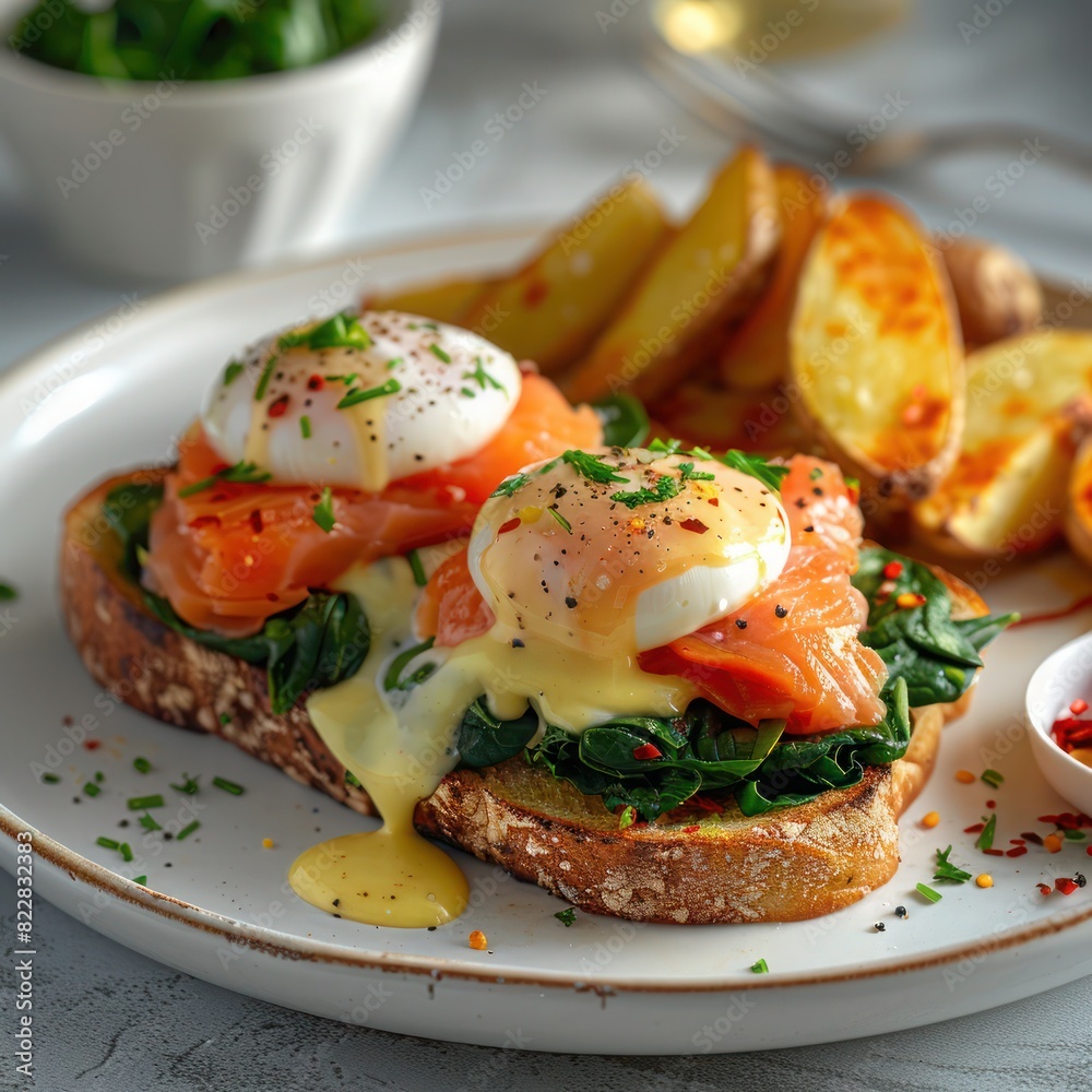 savory egg benedicts with smoke salmon garnished with chopped dill, rye bread oozing with hollandaise sauce