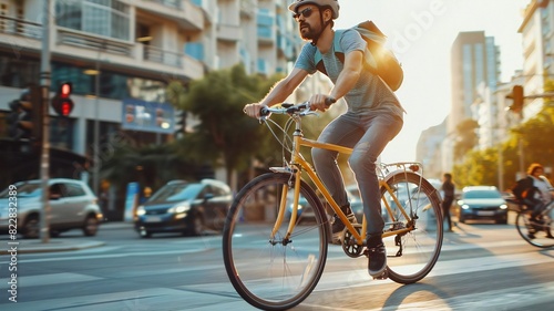Man Riding Bicycle on City Street During Golden Hour Commute