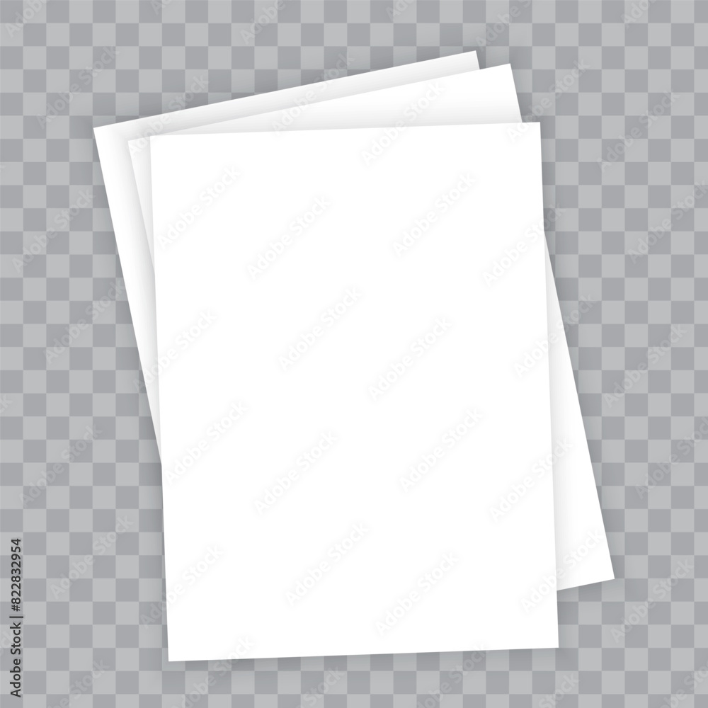 Blank paper stack. Transparent checkered background. Realistic vector icon. Isolated white sheets. Blank paper stack. Transparent checkered background. Realistic vector icon. Isolated white sheets.