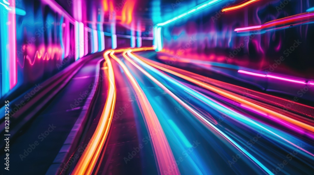 Abstract photo of neon lights in motion, creating colorful trails and patterns