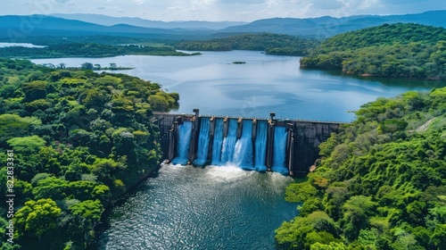 Aerial view of a large dam surrounded by lush greenery, with water cascading down the spillway under a clear blue sky