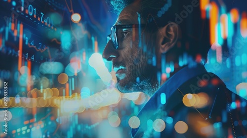 Blended image of a businessman using a financial software, with profit and loss charts and stock market data overlaying photo