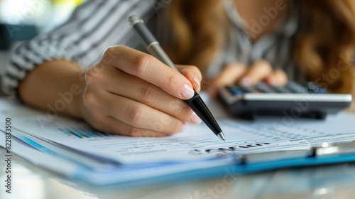 Tax Season Documentation: Woman Writing on Paper with Pen and Calculator © hisilly