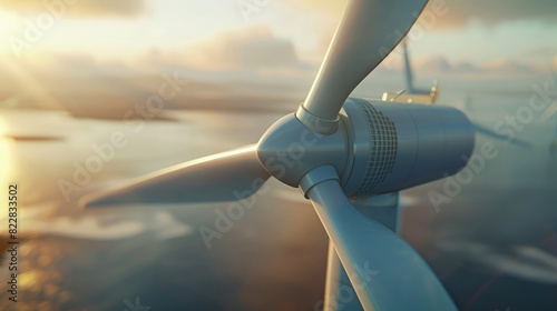 Close-up of a single wind turbine, capturing its blades as they rotate to generate renewable energy