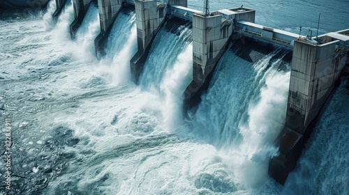 Close-up of the hydroelectric dam structure, showing the powerful water flow through turbines generating clean energy