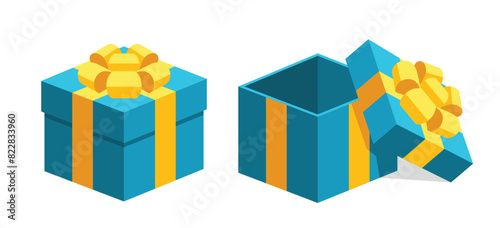 Single colourfu square blue gift boxes with yellow ribbon flat design illustration. Open / close. Isometric vector interface elements for app icon ui banner web invitation isolated on white background