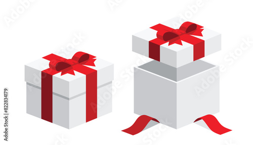 Single colourful square white gift boxes with red ribbon flat design illustration. Open close. Isometric vector interface elements for app icon ui ux banner web invitation isolated on white background