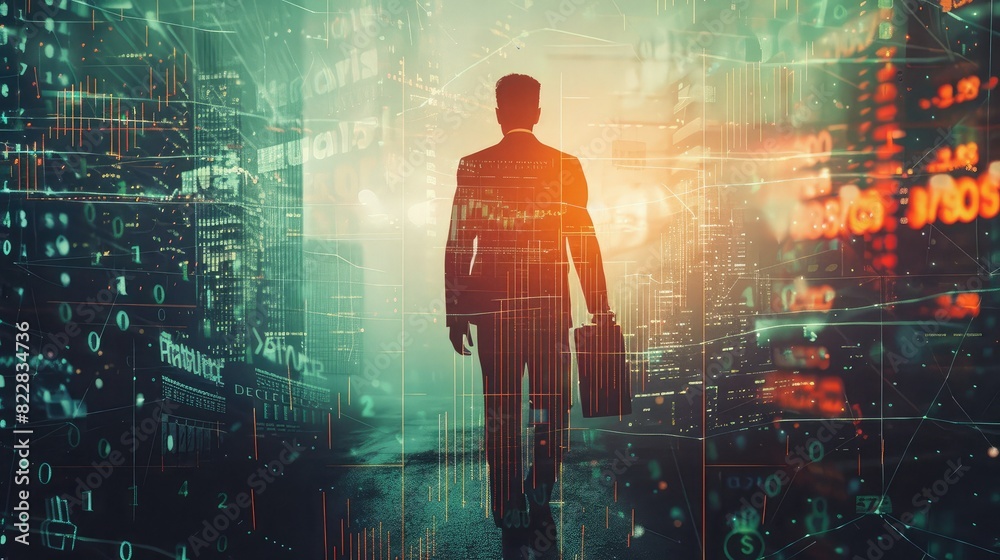 Double exposure of a businessman holding a briefcase, with stock market graphs and profit/loss indicators overlaying
