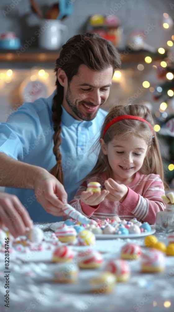 Fototapeta premium Family Bonding Over Candy Making in a Festive Kitchen: Young Girl and Father Create Sweets for National Candy Month