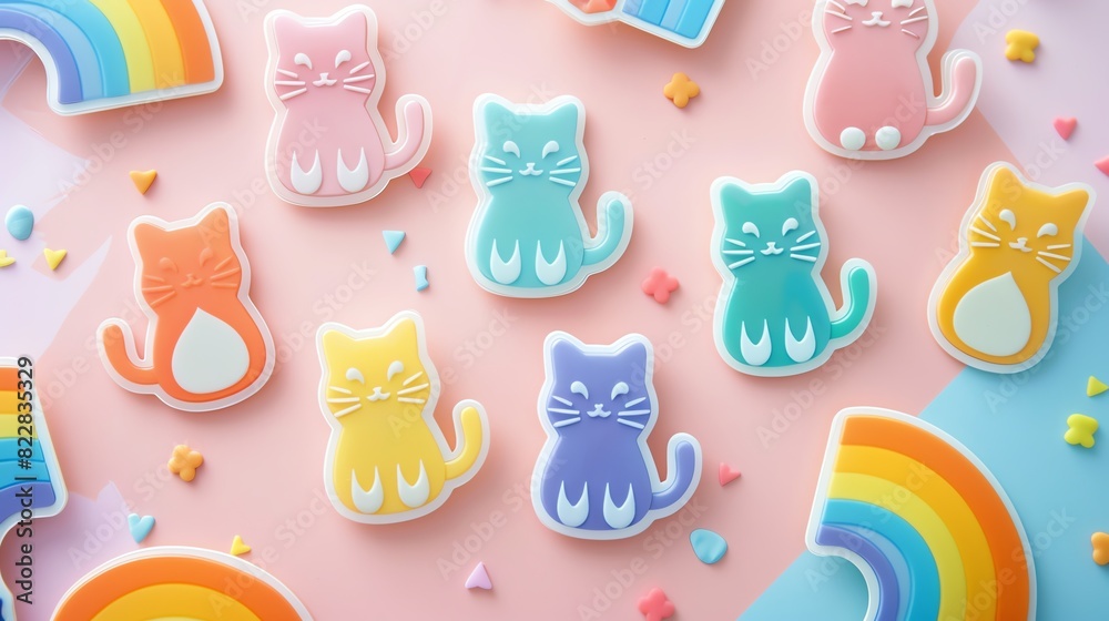 Fototapeta premium Minimal modern image of a set of pride cat stickers featuring cats with rainbow fur and pride accessories, centered on a clean pastel background, vibrant colors, simple design