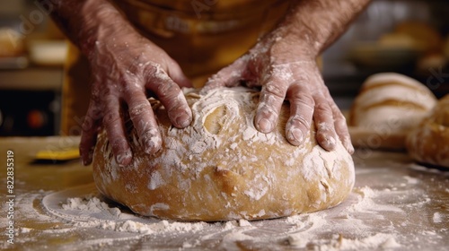 A bakers wiry hands shaping a loaf of bread into a perfect round the dough stretching and changing in response to the skilled touch.