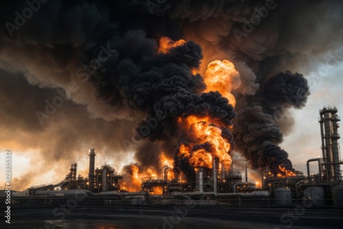 Industrial oil refinery factory fire with powerful explosion and black smoke due to incident