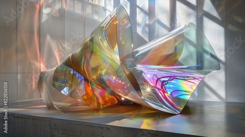 dichroic glass sheets forming a geometric deformed sculpture in the form of a contemporary strange   photo