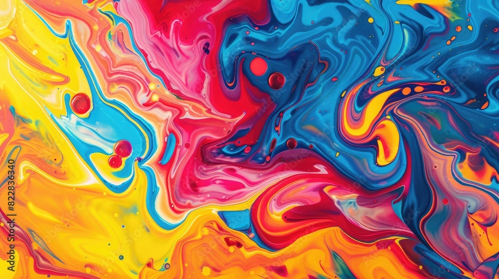 Vibrant abstract background with swirling paint patterns in bold, bright colors
