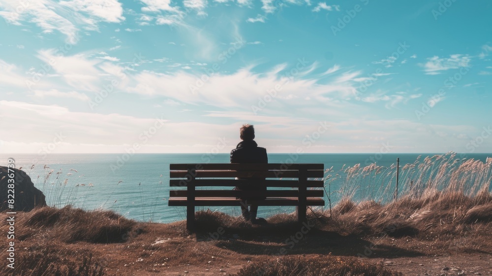 A photo of a person sitting on a bench by the ocean with the prompt What do you need to let go of in order to move forward on your journey of selfdiscovery