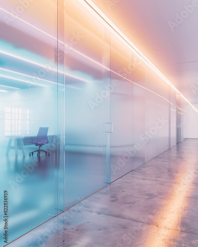 Futuristic Office Setting with Bright White Glass Wall and Polished Concrete Floor in Professionally Lit Modern Environment © Ryzhkov