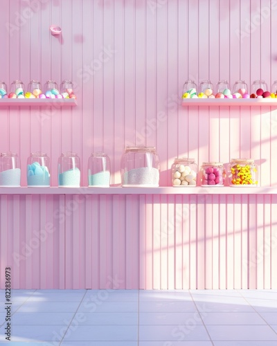 Vibrant Pastel Pink Candy Shop Interior with Sunlit Jar Shadows on Smooth Wall and Tiled Floor - Joyful, Nostalgic Mood © Ryzhkov