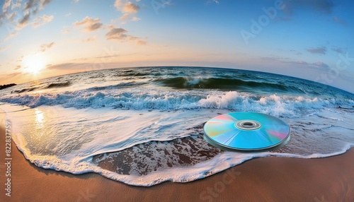 Compact Disc Washed Ashore on Beach at Sunset photo