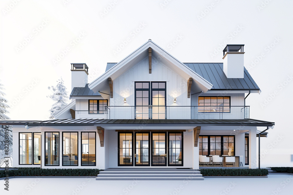 A sophisticated Craftsman residence with clean lines, expansive windows, and a seamless blend of indoor and outdoor living spaces, exuding modern elegance against a solid white background