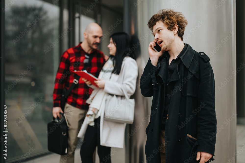 A group of professionals holding an informal meeting outdoors, with one person talking on the phone nearby. A group of professionals holding an informal meeting outdoors, with one person talking on the phone nearby.