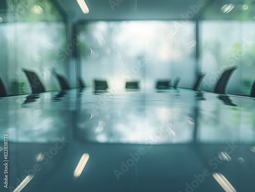 Modern Corporate Boardroom with Sleek Glass Table Top, Ambient Lighting, and Soft Bokeh Background for Product Display