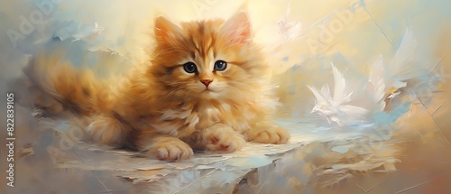 Cute kitten angel in animal heaven Oil painting on canvas with texture and brush strokes Grief card Ideal of crematories