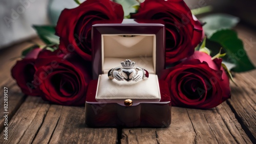 Claddagh Ring in Box Surrounded by Roses photo