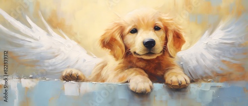 Cute puppy angel in animal heaven Oil painting on canvas with texture and brush strokes Grief card Ideal of crematories photo