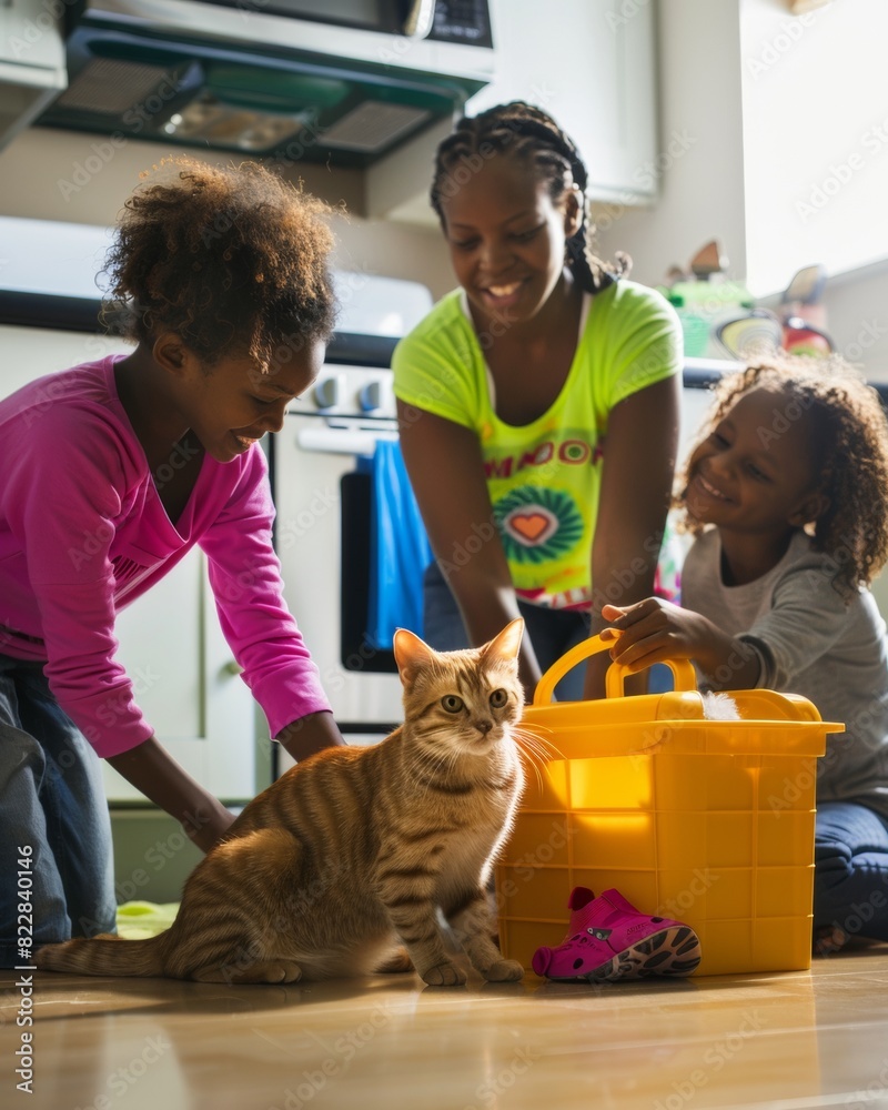 Family Bonding over New Pet: Young Black Family Engaging in Cat Care, Emphasizing Responsible Pet Ownership, Indoors, Daytime