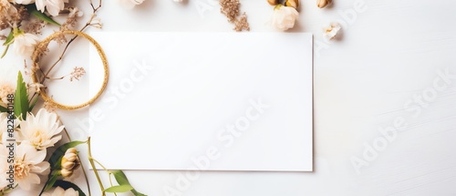 Two golden wedding rings on paper Floral frame White blank wedding invitation mockup Minimal photography style ketubah ketubot wedding contract Top view empty paper with floral ele