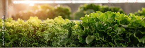 Innovative Indoor Vertical Farming Showcasing Hydroponic Technology and Sustainable Agriculture with Vibrant, Fresh Vegetables Under Bright LED Lights photo
