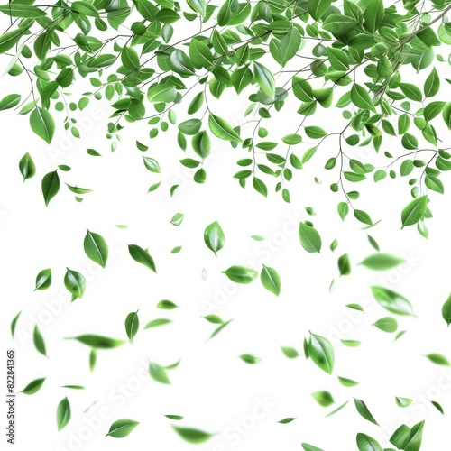 Greenery leaves flying movement around copy-space cutout 3d rendering isolated on white background 