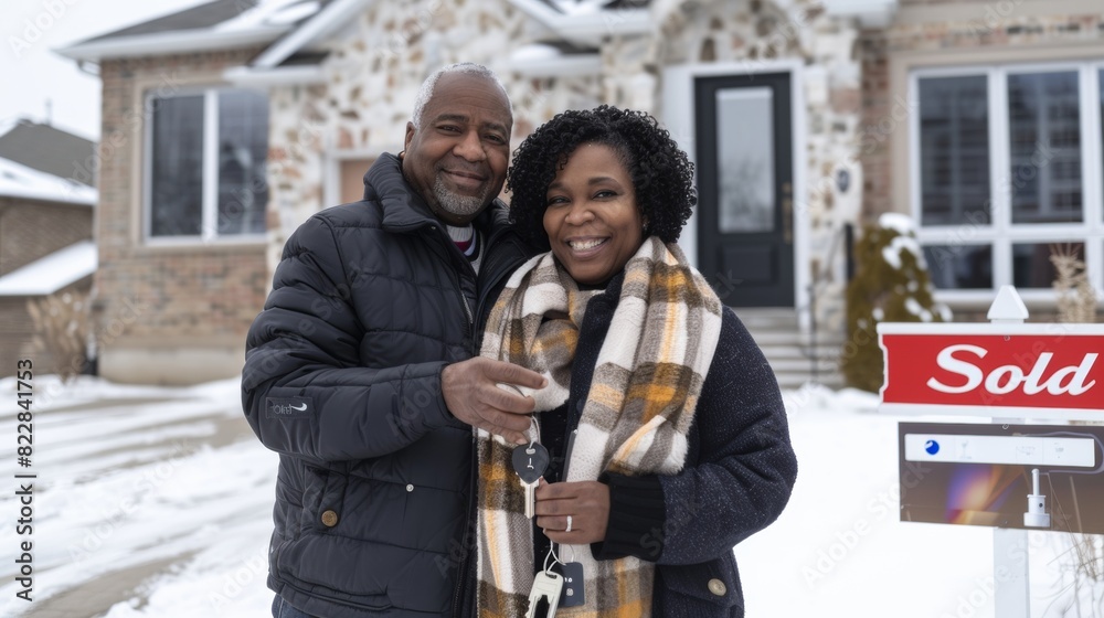 Joyful Middle-Aged African American Couple Celebrates New Homeownership in Winter, Standing Outside Their Snow-Covered House with Sold Sign Joyful Middle-Aged African American Couple Celebrates New Homeownership in Winter, Standing Outside Their Snow-Covered House with Sold Sign