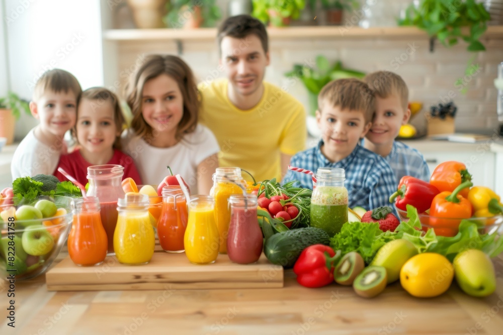 Joyful Family Enjoying a Healthy Meal with Fresh Fruits and Vegetables in a Bright Kitchen Setting Joyful Family Enjoying a Healthy Meal with Fresh Fruits and Vegetables in a Bright Kitchen Setting
