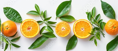 Juicy sliced orange with bright green leaves, showing the citrus texture on a white background