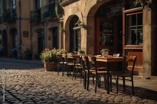 Coffee Shop, Bossa Nova style, cute tables outside, cobblestone road, flowers, daytime, cinematic lighting, moody, realism, photo taken with a canon Eos R5 photo