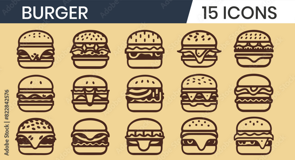 Set of 15 outline icons burger vector illustration
