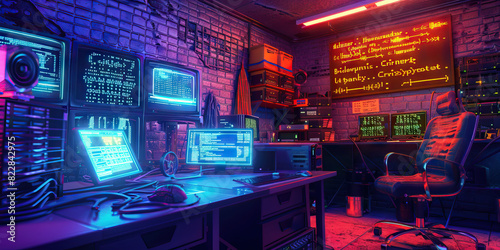 Underground Hacker Hideout: Displaying a hidden base where hackers gather to plan cybercrimes and conduct illicit activities photo