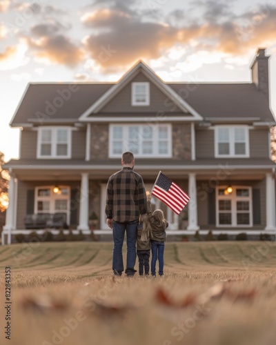 Proud Veteran with Family Holding American Flag in Front of Home on Veterans Day, Celebrating Freedom and Homeownership
