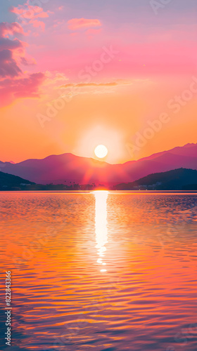 Captivating Sunset Behind Mountains Reflecting on Pristine Lake