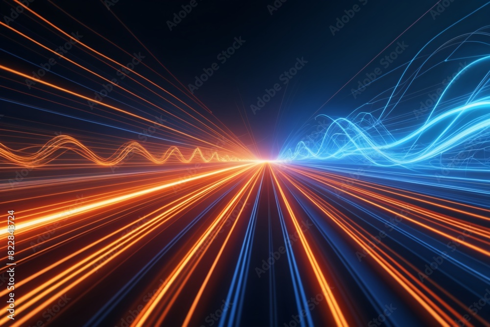 Technology concept of science energy blue orange light streaks background symbolizing speed digital domain gliding flash source future growth young megabit connectivity web