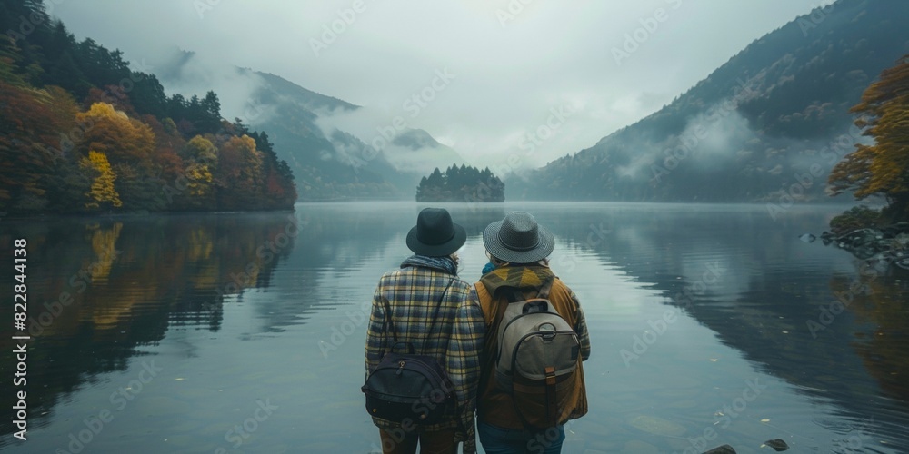 Mystic Lake Companionship: Overcast Day With Two Friends in Checkered Shirts and Hats by Foggy Mountain Lake