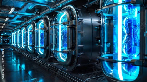 A row of futuristic cryogenic chambers each containing a different biologically enhanced specimen. photo